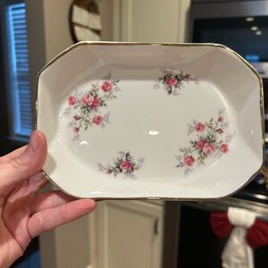 Floral Rectangular Dish with Gold Trim-Fine Bone China